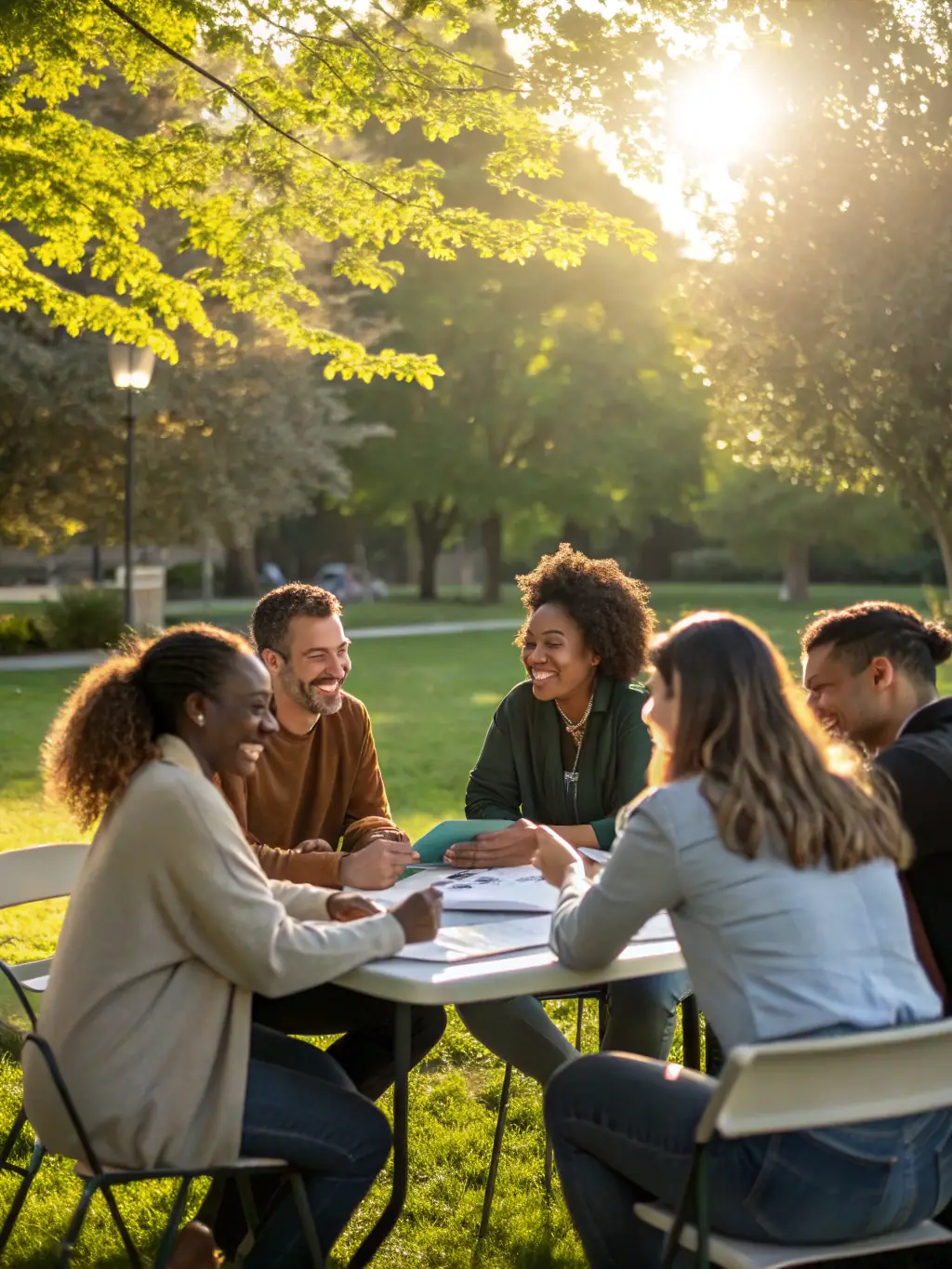 A dynamic team of business professionals participating in a team-building exercise outdoors, showcasing collaboration and camaraderie.