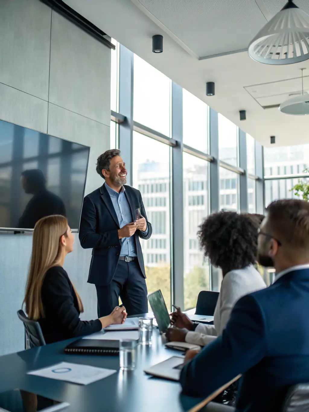 A facilitator leading a strategy session with business executives around a conference table, using visual aids, illustrating VanguardUKUno's Business Strategy Workshops.
