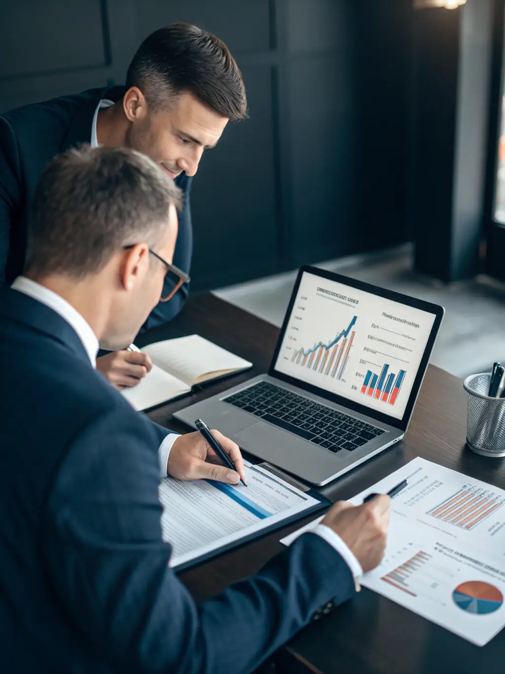 A business leader receiving one-on-one coaching, focusing on leadership development and strategic decision-making in a sophisticated office environment.