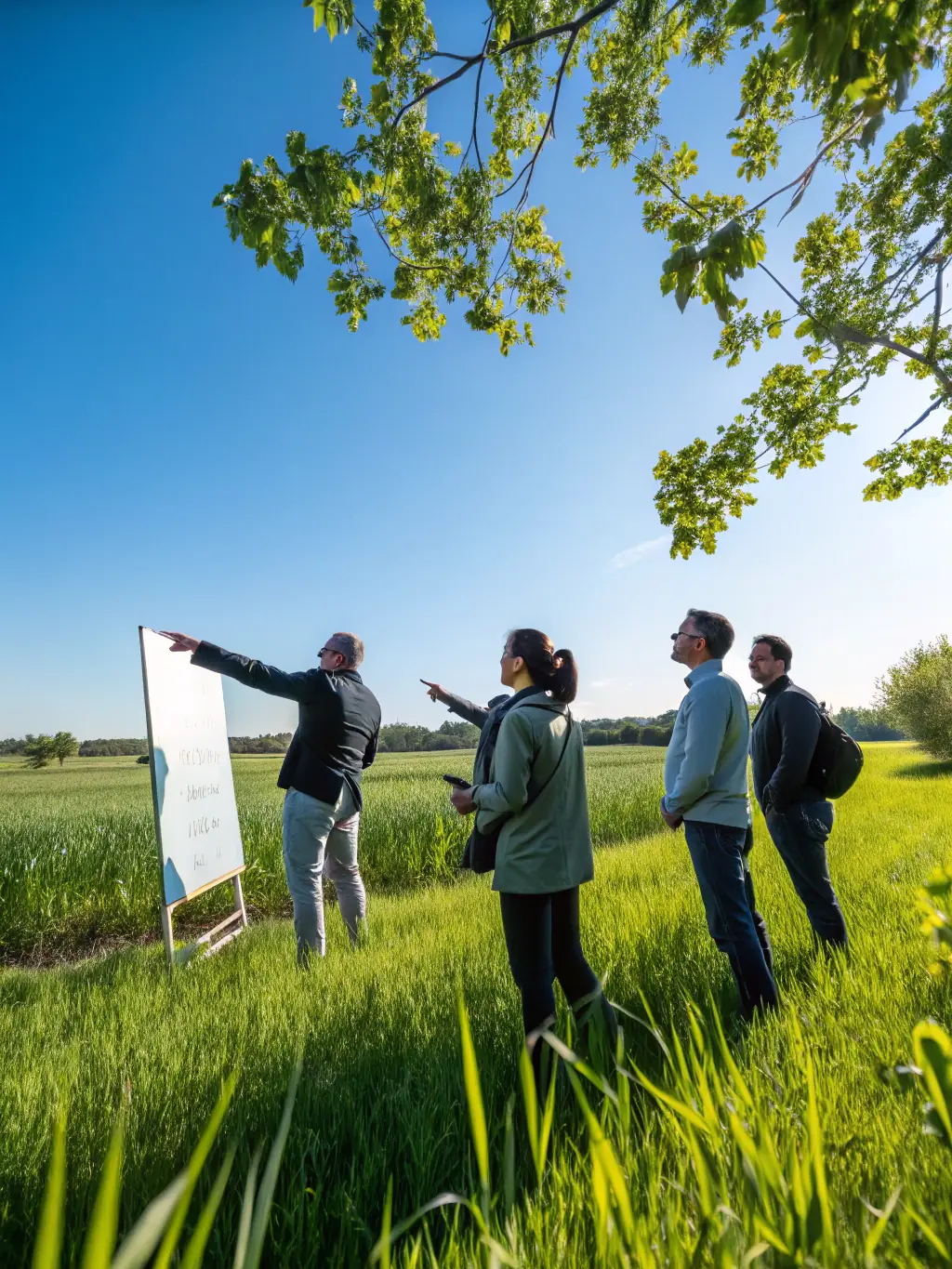 A team of professionals participating in a collaborative workshop outdoors, engaging in team-building activities, representing VanguardUKUno's Team Building & Development service.