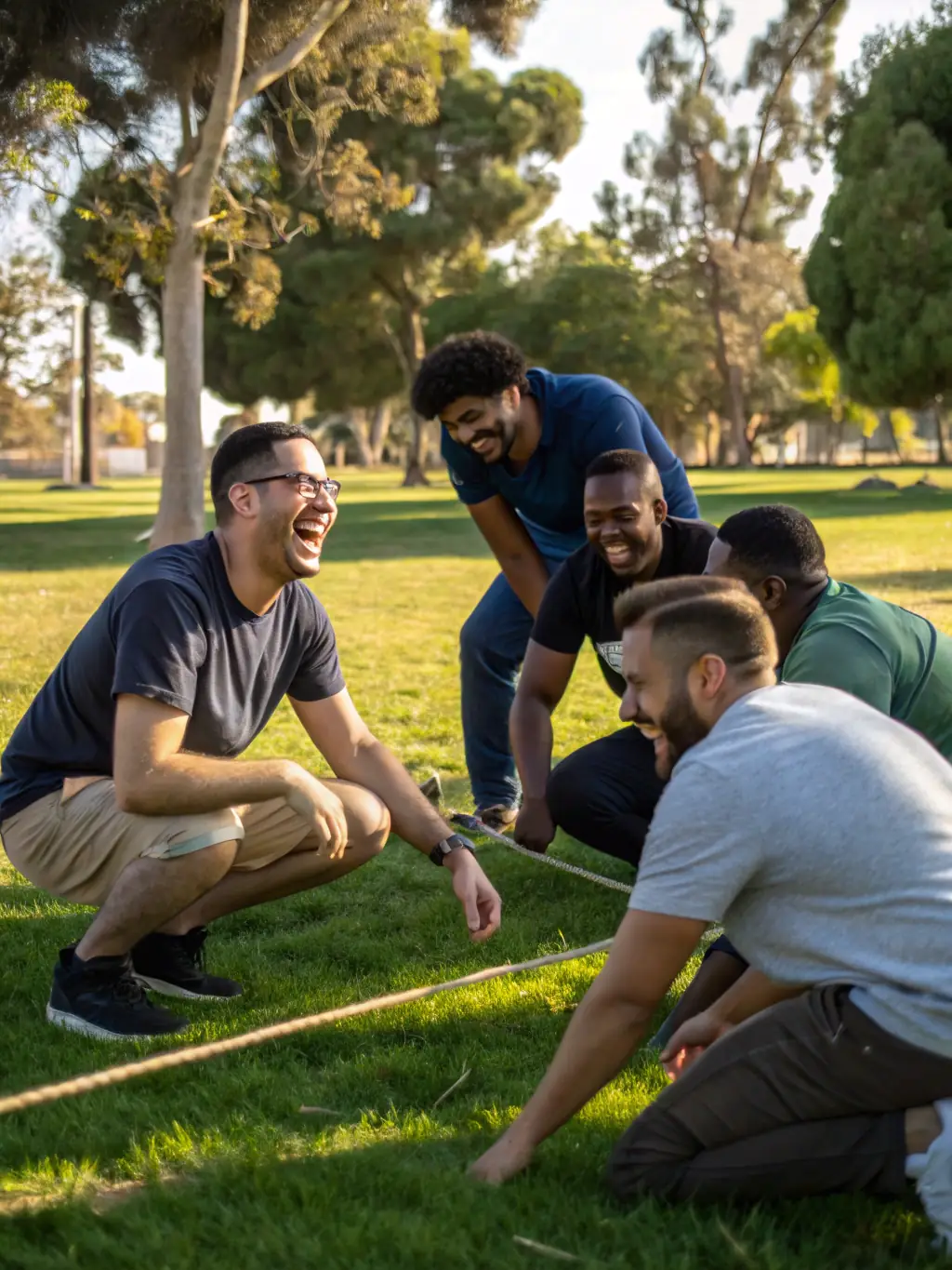 A diverse team of professionals participating in a team-building exercise outdoors, fostering collaboration and communication in a relaxed and engaging environment.