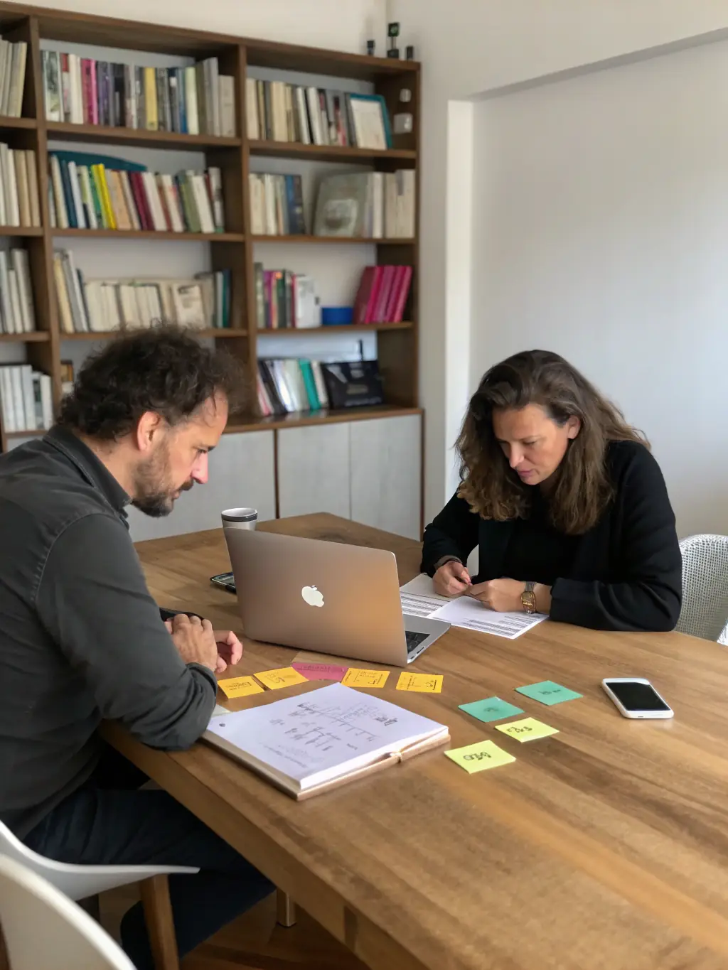 A coach facilitating a one-on-one session, guiding a client through a personal development plan with supportive and encouraging dialogue in a quiet office.